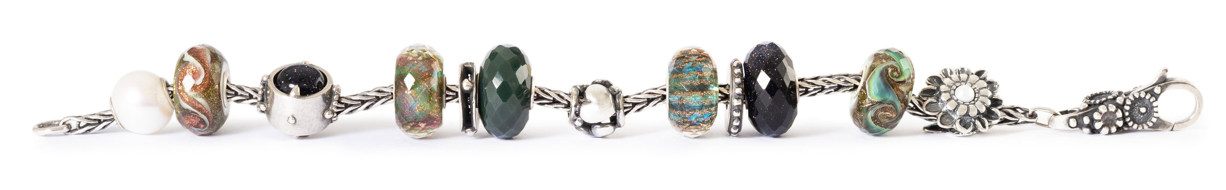 Straight silver foxtail bracelet with winter-inspired glass and silver beads