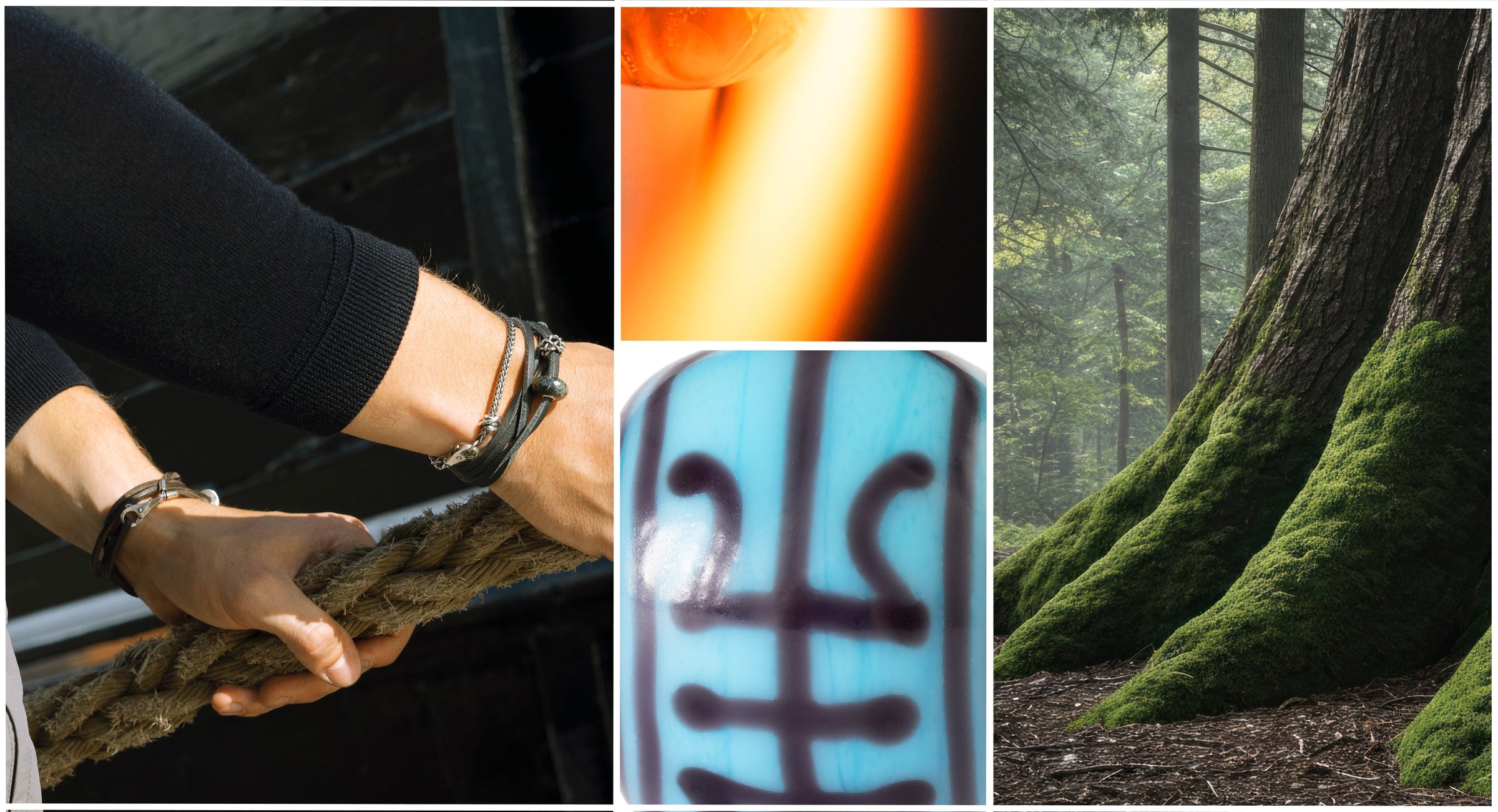 Collage of four images: hands holding rope, flame, blue bead with black symbols, and forest.